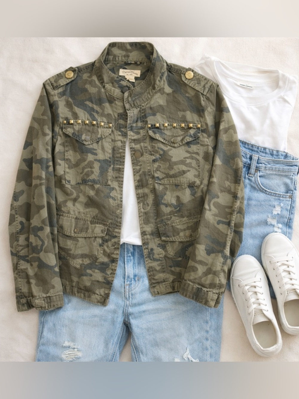 Camo Military Jacket Studded Army Green Utility Jacket Women’s L Edgy Streetwear